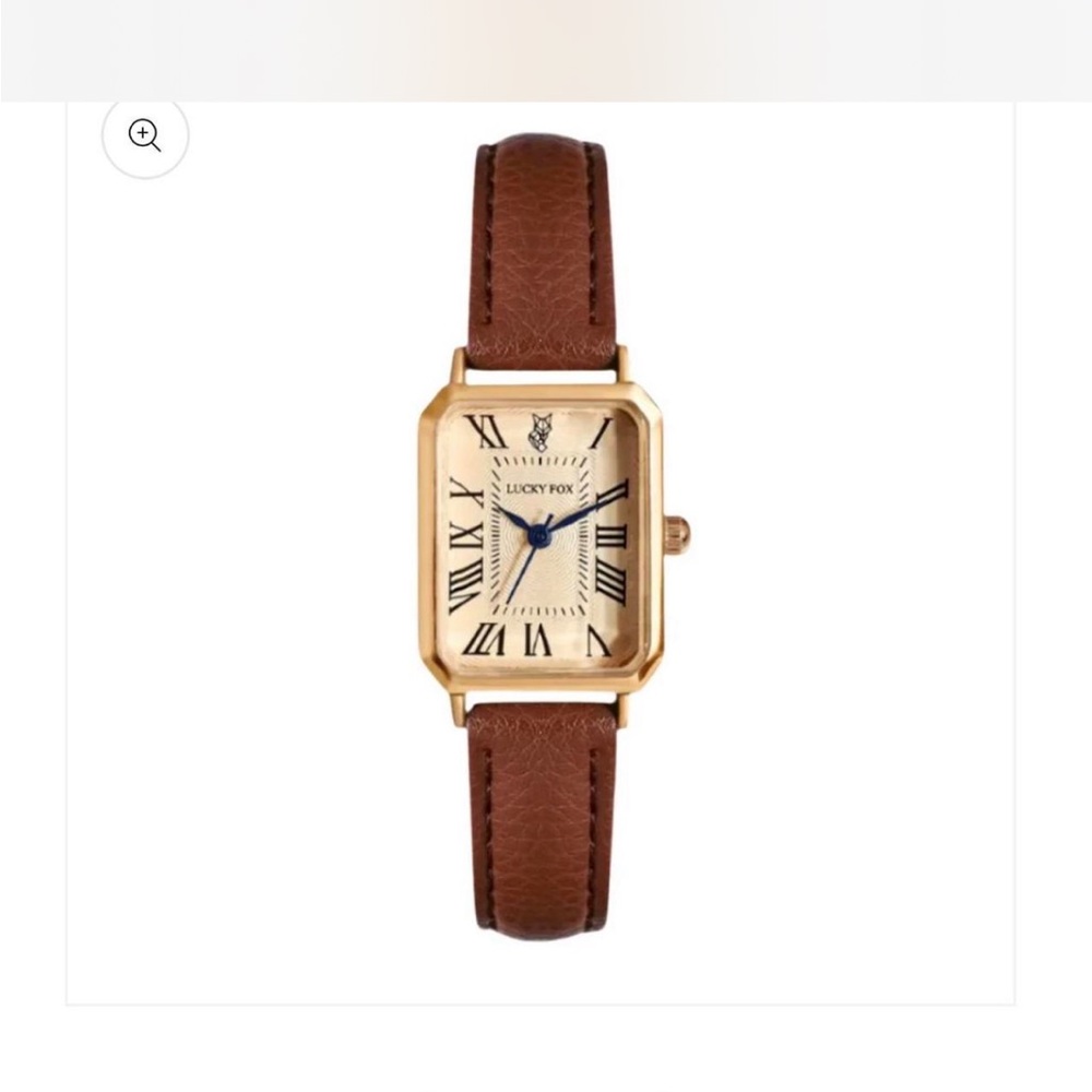 Lucky Fox Rectangular Gold-Tone Watch with Brown Leather Strap